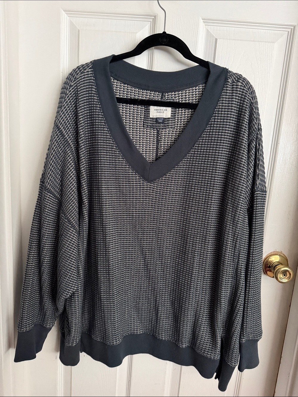 American Eagle Blue Waffle V-Neck Sweater